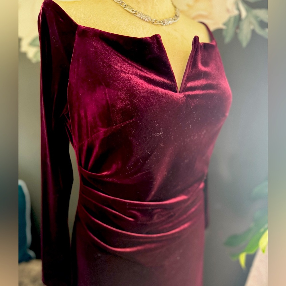 Xscape long off the shoulder dress, burgundy